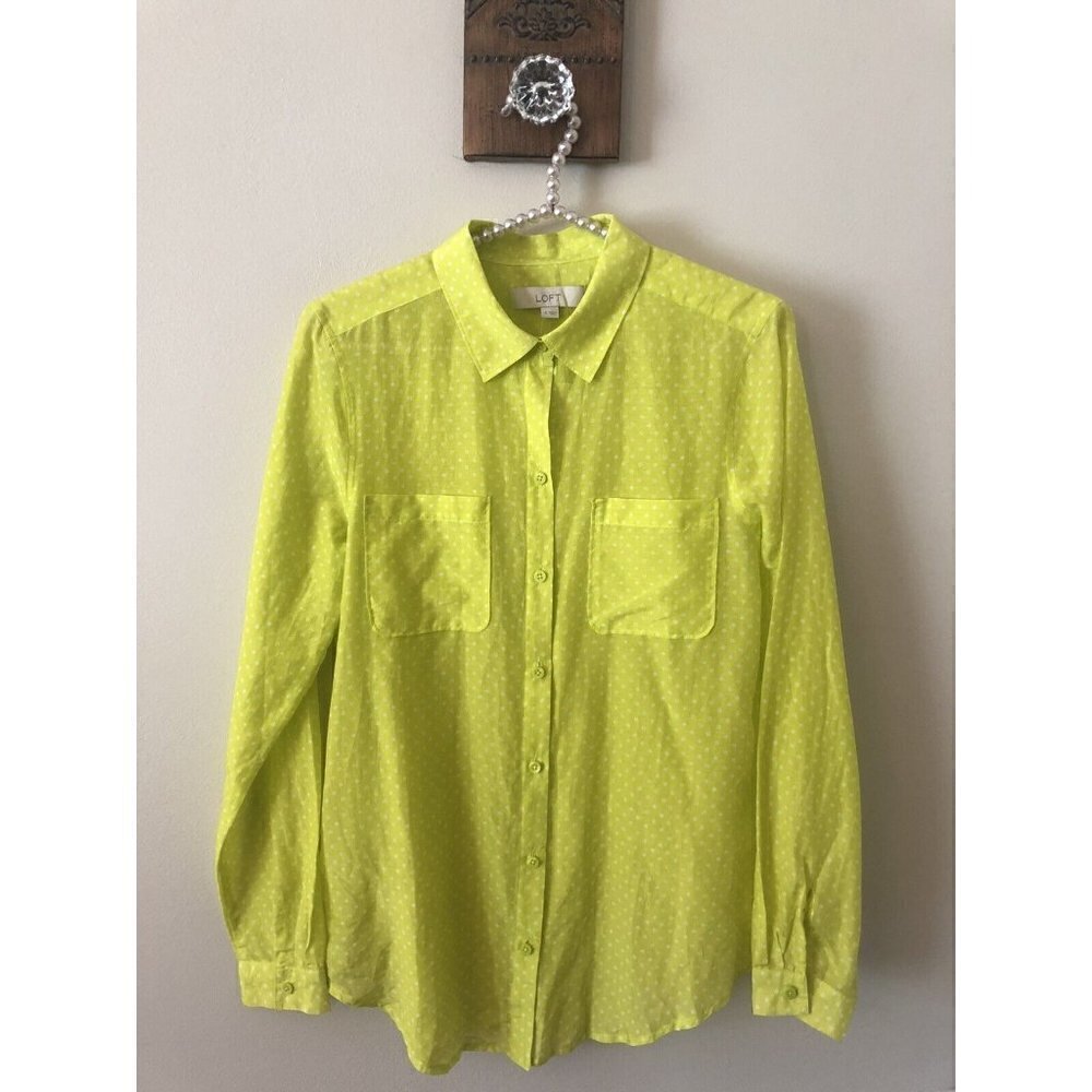 NWT LOFT Womens Size Small Green Polka Dot Blouse Silk Blend Long Sleeve